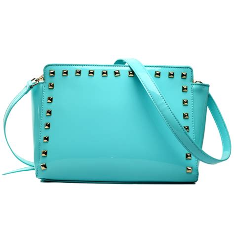 L1506 Miss Lulu Patent Leather Look Studded Cross Body Bag Blue