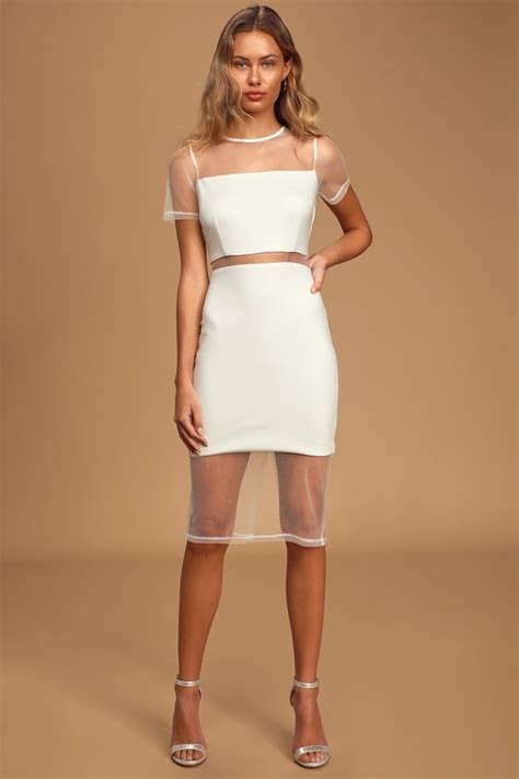 Chic White Dress Bodycon Dress Midi Dress Sheer Mesh Dress Lulus