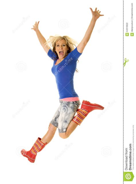 Woman Jump Excited In Rain Boots Stock Photo Image Of