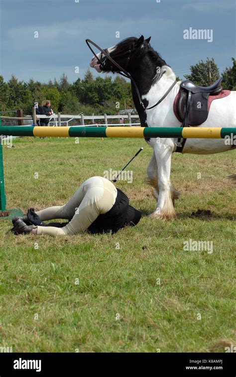 A Female Rider Falling From A Horse Or Pony After Refusing A Jump