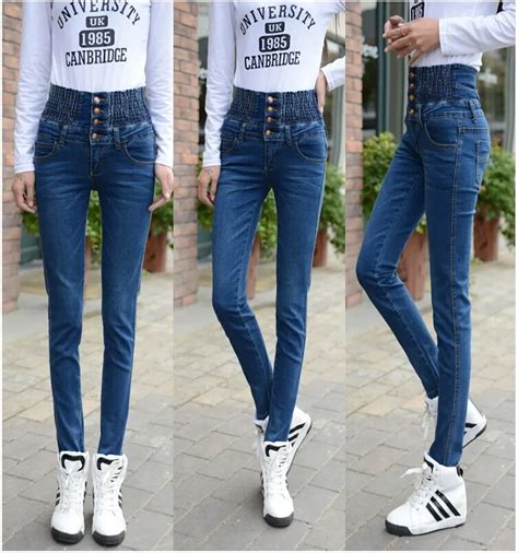 Female Long Jeans Big Yards Tall Waist Line Buckle Elastic Cultivate