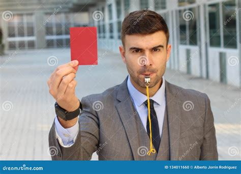 Businessman With Whistle And Red Card Stock Photo Image Of Colombian