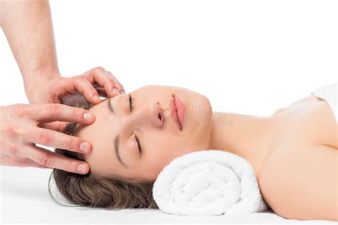 Spa Girl Massage Therapist Doing Head Massage Beautiful Brunette Girl