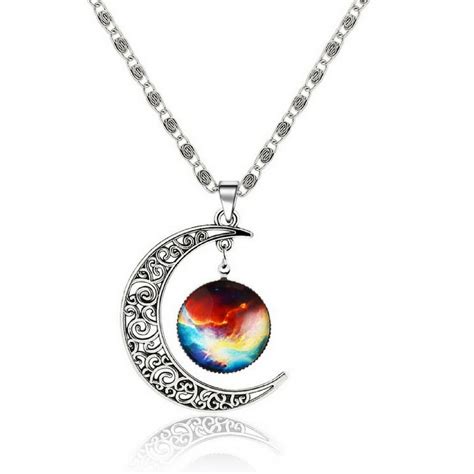 Galaxy And Crescent Cosmic Colorful Moon Pendant Necklace Galaxy Necklace