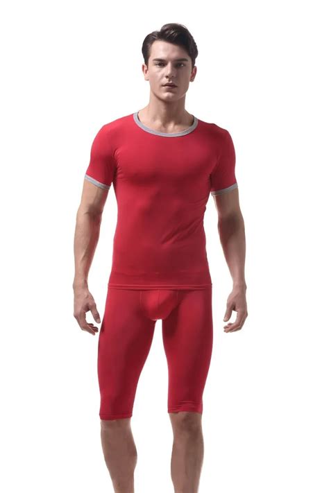 Sexy Men Undershirt Mens Singlet Set Short Sleeve Slim Fit T Shirts Shorts Thin Spandex Gay Male