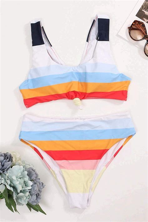 Honlyps Two Piece High Waisted Bathing Suit Striped Bikini Multicolor Size 20 729375671928 Ebay