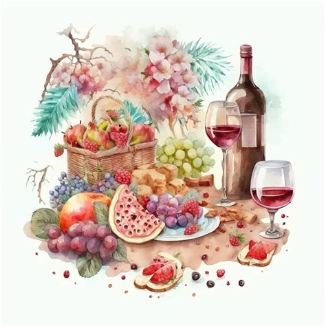 Picnic De San Valent N En Acuarela Incluye Vino Frutas Flores Y