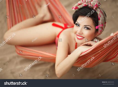 Beautiful Bikini Woman Pinup Outdoors Portrait Happy Girl