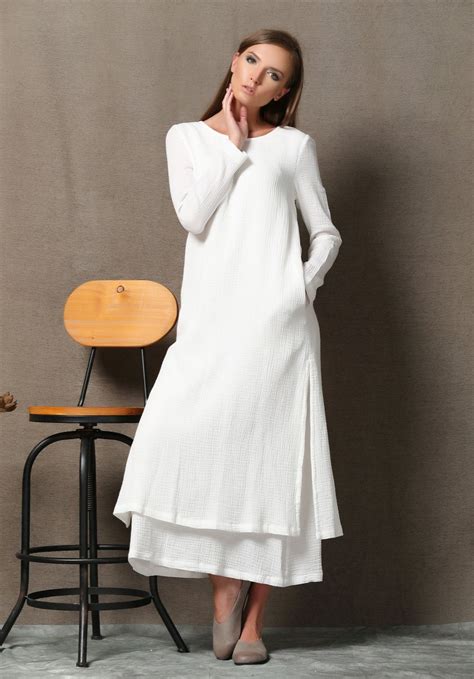 White Dress Women Cotton Dress With Pockets Casual Dress Vintage