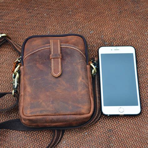 Mens Brown Leather Cell Phone Holster Belt Case Belt Pouch Small Side