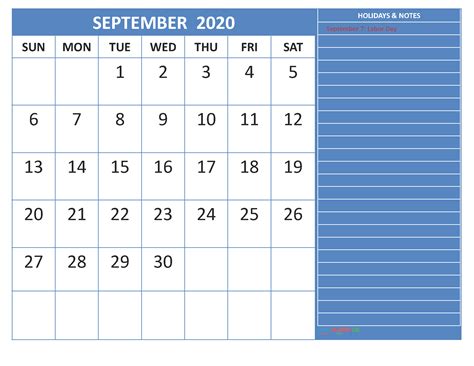 September 2020 Calendar With Holidays Word Pdf