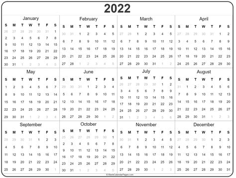 2022 Year Calendar Yearly Printable