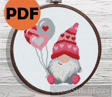 small gnome cross stitch pattern pdf valentine s day gnome with balloons wedding rose love