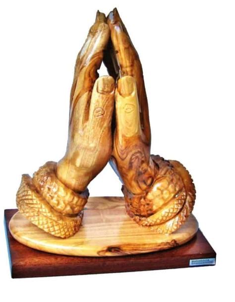 Hand Carved Holy Land Olive Wood Praying Hands Statue With Mahogany Base