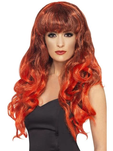 Red And Black Flirty Fringe Curly Long Women Adult Halloween Siren Wig Costume Accessory