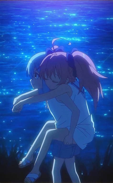 Two Anime Characters Hugging In Front Of The Ocean With Bright Blue