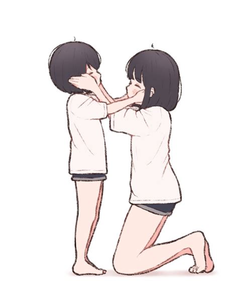 Safebooru 1ssakawaguchi 2girls Ahoge Barefoot Black Hair Blush Stickers Cheek Squash Closed