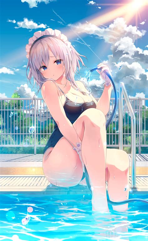 Konomi Blue Eyes Anime Anime Girls Wet Swimming Pool Swimwear