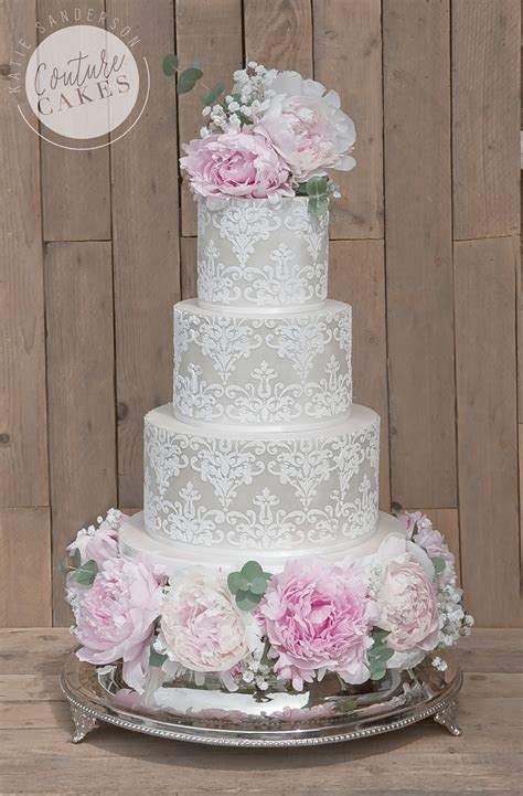 To point out the obvious, the more slices of cake you'll need, the more expensive your total wedding cake costs will be. Damask Shimmer Wedding Cake: Serves 80 portions, Price ...