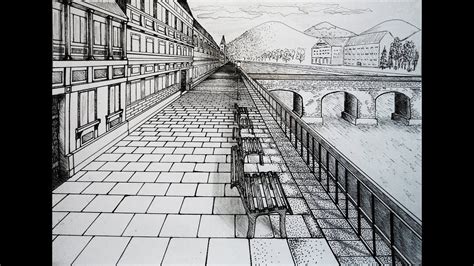 Invite your viewer to walk right into your drawing. Draw - city center with bridge - one point perspective ...