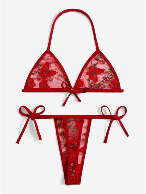 Floral Embroidered Mesh Triangle Lingerie Set Shein Usa