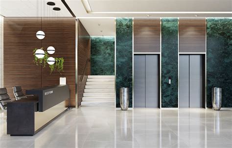 Modern Offices Lobby Interior Area With Elevators And Stairs And With