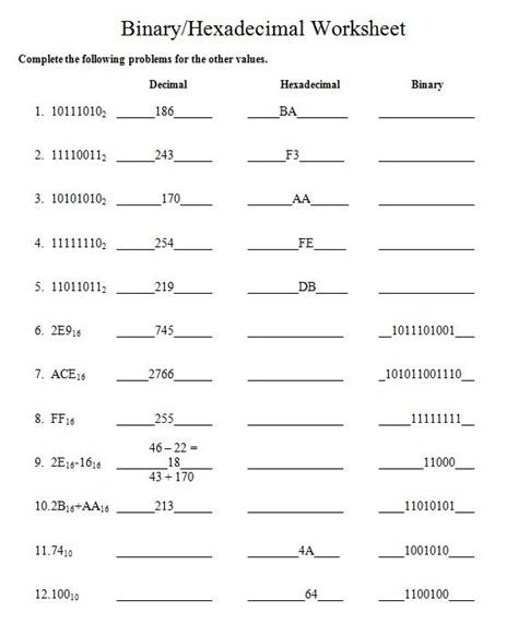Binary Worksheet With Answers