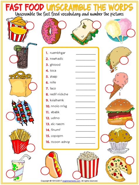 Fast Food Vocabulary Esl Unscramble The Words Worksheet For Kids
