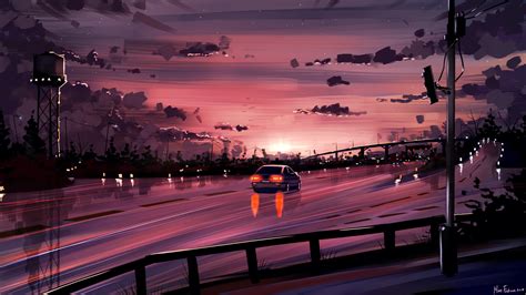 Car Driving Towards Sunset 1920x1080 Wallpaper