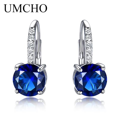 UMCHO Round 4 5ct Created Blue Sapphire Clip Earrings For Women Solid