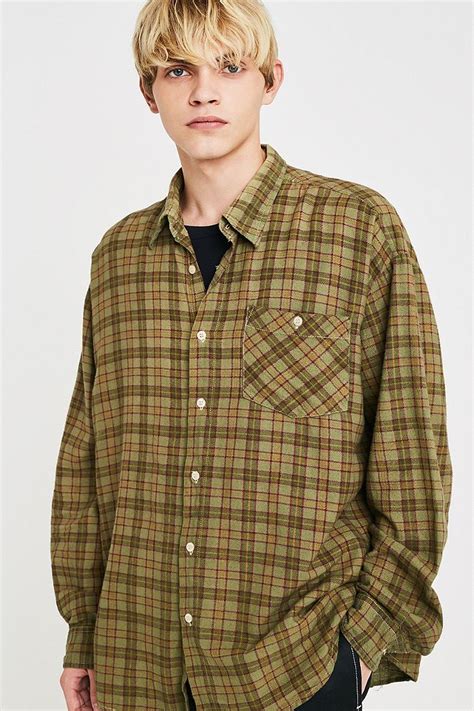 Urban Renewal Vintage Customised Overdyed Olive Checked Flannel Shirt