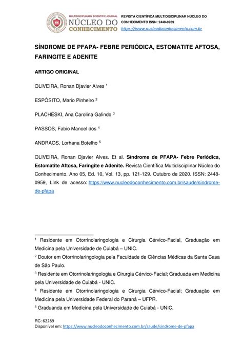 Pdf S Ndrome De Pfapa Febre Peri Dica Estomatite Aftosa Faringite