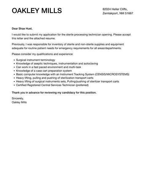 Sterile Processing Technician Cover Letter | Velvet Jobs