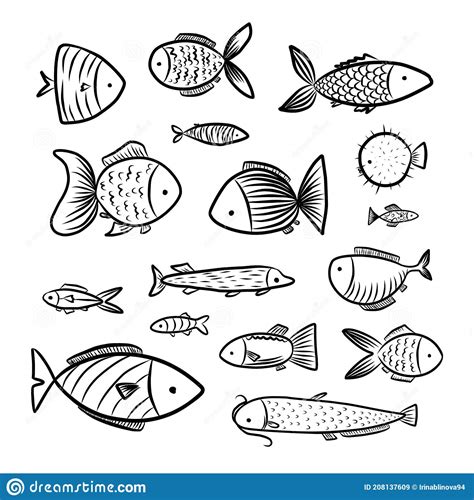 Set Of Fish Graphic Illustration Black White Stock Vector