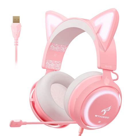 Pink Gaming Headset Easars Cat Ear Usb Headset With Retractable Mic