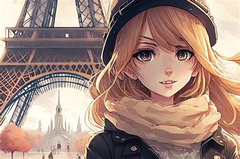Beautiful Anime Manga Girl In Paris Illustration Generative Ai Stock