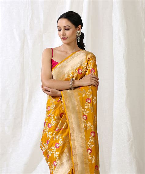 Mustard Handloom Pure Katan Silk Banarasi Saree With Pink Meenakari