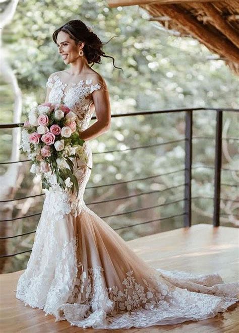 Cheap Blush Champagne Mermaid Wedding Dresses Flower Lace Dreamy Bridal Gowns Online