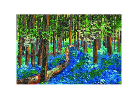 Original Oil Painting Path In The Forest Wall Art Field Of Blue Flowers