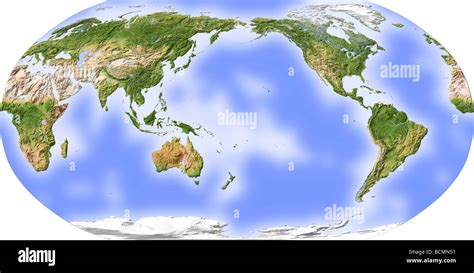 World Map Shaded Relief Centered On The Pacific Stock Photo Alamy