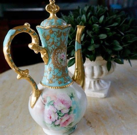 Fabulous Limoges Hand Painted Pink Roses Enameled Gold Turquoise