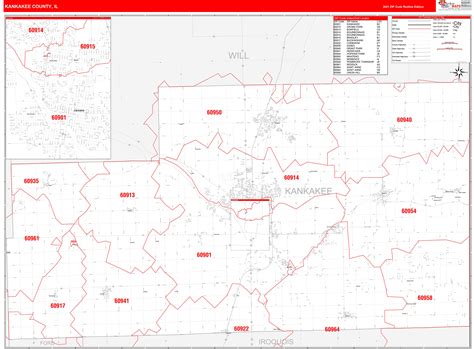 Kankakee County Il Zip Code Wall Map Red Line Style By Marketmaps