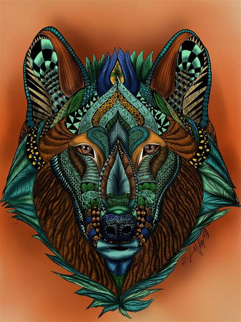 Zentangle Inspired Art Wolf Colored Painting By Becky Herrera Fine