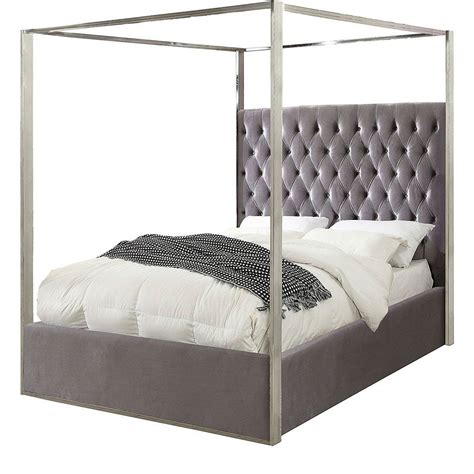 King Size Grey Velvet Upholstered Canopy Bed With Chrome Canopy The Furniture Traders Canopy