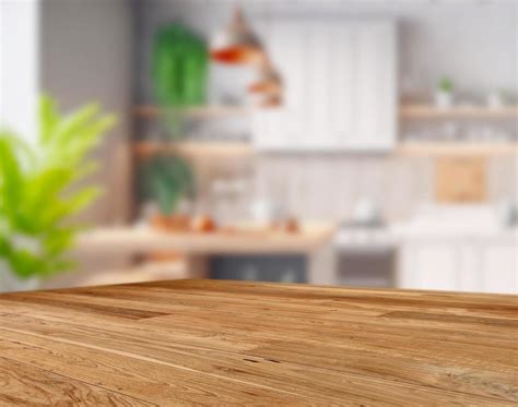 Wood Table Top On Blurred Kitchen Background 19878087 Stock Photo At