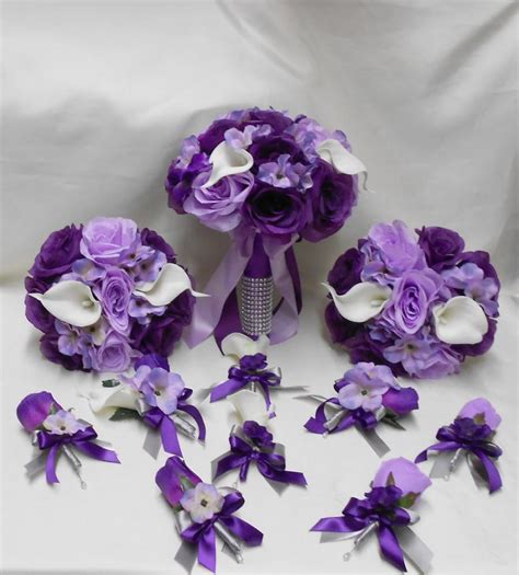 Wedding Silk Flower Bridal Bouquets Package Calla Lily Lavender Purple