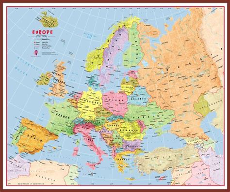 Large Primary Europe Wall Map Political Pinboard And Framed Dark Oak