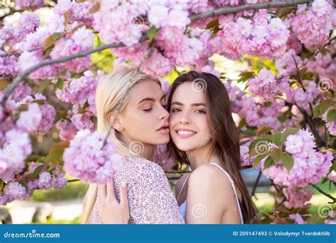 Spring Girls Lesbian Couple Kissing Beautiful Spring Young Woman With