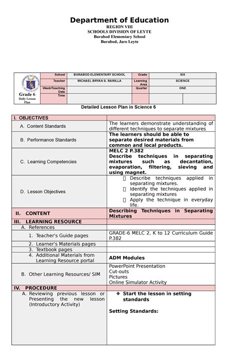 Cot 6 Science Grade 6 Daily Lesson Plan School Burabod Elementary