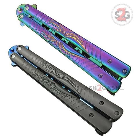 Spider Butterfly Knife Blue Titanium Trainer Dull Balisong W Spring L